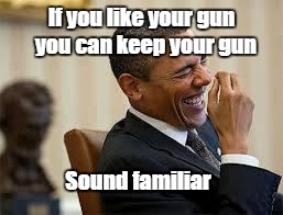 keep your gun | If you like your gun 
you can keep your gun Sound familiar | image tagged in laughing obama | made w/ Imgflip meme maker