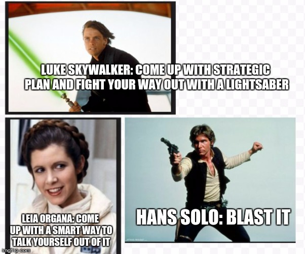 LUKE SKYWALKER: COME UP WITH STRATEGIC PLAN AND FIGHT YOUR WAY OUT WITH A LIGHTSABER LEIA ORGANA: COME UP WITH A SMART WAY TO TALK YOURSELF  | image tagged in ways to get away in star wars | made w/ Imgflip meme maker