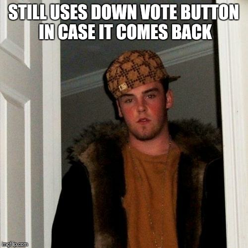 Scumbag Steve Meme | STILL USES DOWN VOTE BUTTON IN CASE IT COMES BACK | image tagged in memes,scumbag steve | made w/ Imgflip meme maker