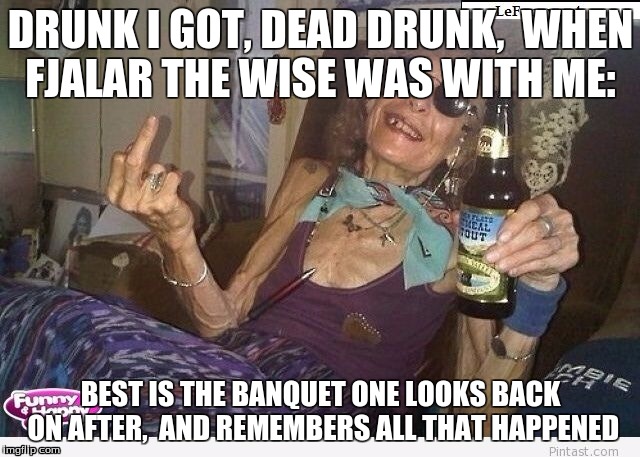 DRUNK I GOT, DEAD DRUNK, WHEN FJALAR THE WISE WAS WITH ME: BEST IS THE BANQUET ONE LOOKS BACK ON AFTER, AND REMEMBERS ALL THAT HAPPENED | image tagged in hammered granny | made w/ Imgflip meme maker