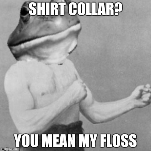 overly foul bachelor frog | SHIRT COLLAR? YOU MEAN MY FLOSS | image tagged in memes,foul bachelor frog,overly manly man,floss,mashup | made w/ Imgflip meme maker