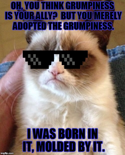 Are you the bane of Grumpy Cat's existence? | OH, YOU THINK GRUMPINESS IS YOUR ALLY?  BUT YOU MERELY ADOPTED THE GRUMPINESS. I WAS BORN IN IT, MOLDED BY IT. | image tagged in memes,grumpy cat,movie quotes,the dark knight rises,bane,grumpiness is your ally | made w/ Imgflip meme maker