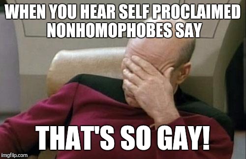 Captain Picard Facepalm Meme | WHEN YOU HEAR SELF PROCLAIMED NONHOMOPHOBES SAY THAT'S SO GAY! | image tagged in memes,captain picard facepalm | made w/ Imgflip meme maker