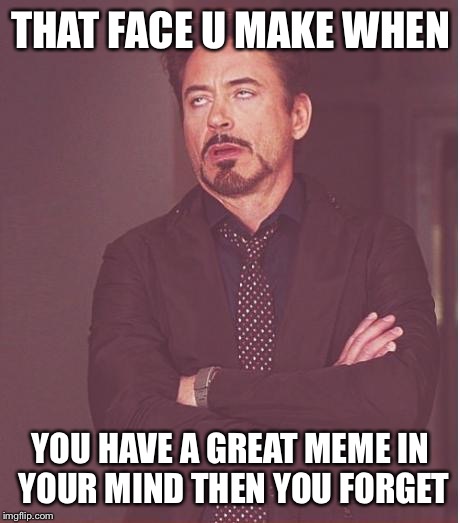 Face You Make Robert Downey Jr Meme | THAT FACE U MAKE WHEN YOU HAVE A GREAT MEME IN YOUR MIND THEN YOU FORGET | image tagged in memes,face you make robert downey jr | made w/ Imgflip meme maker