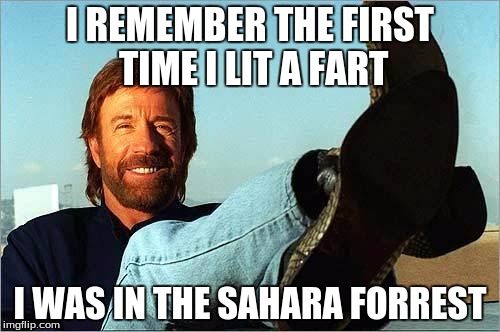 Chuck Norris Says | I REMEMBER THE FIRST TIME I LIT A FART I WAS IN THE SAHARA FORREST | image tagged in chuck norris says,memes,chuck norris | made w/ Imgflip meme maker