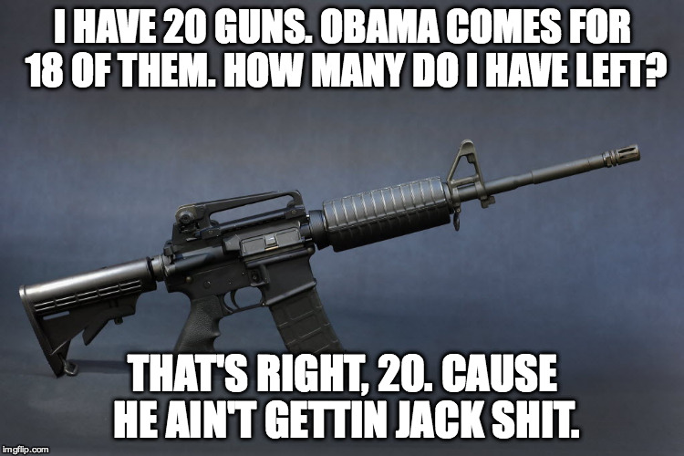 AR-15 | I HAVE 20 GUNS. OBAMA COMES FOR 18 OF THEM. HOW MANY DO I HAVE LEFT? THAT'S RIGHT, 20. CAUSE HE AIN'T GETTIN JACK SHIT. | image tagged in ar-15 | made w/ Imgflip meme maker