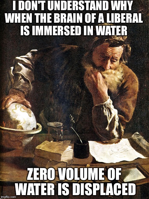 Archimedes Principle | I DON'T UNDERSTAND WHY WHEN THE BRAIN OF A LIBERAL IS IMMERSED IN WATER ZERO VOLUME OF WATER IS DISPLACED | image tagged in thoughtful archimedes,memes | made w/ Imgflip meme maker