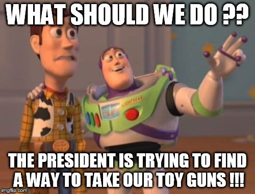 X, X Everywhere | WHAT SHOULD WE DO ?? THE PRESIDENT IS TRYING TO FIND A WAY TO TAKE OUR TOY GUNS !!! | image tagged in memes,x x everywhere | made w/ Imgflip meme maker