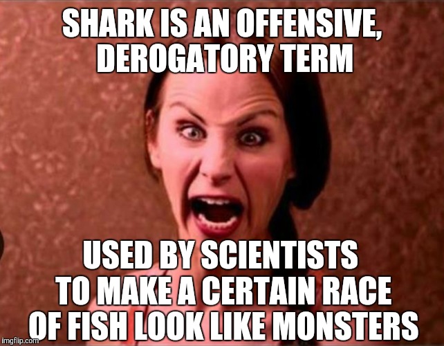 SHARK IS AN OFFENSIVE, DEROGATORY TERM USED BY SCIENTISTS TO MAKE A CERTAIN RACE OF FISH LOOK LIKE MONSTERS | made w/ Imgflip meme maker
