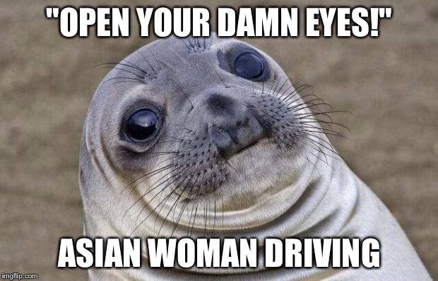 Awkward Moment Sealion | "OPEN YOUR DAMN EYES!" ASIAN WOMAN DRIVING | image tagged in memes,awkward moment sealion | made w/ Imgflip meme maker