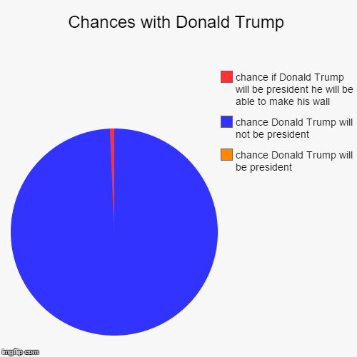 Chances with Donald Trump | chance Donald Trump will be president, chance Donald Trump will not be president, chance if Donald Trump will be | image tagged in funny,pie charts | made w/ Imgflip chart maker