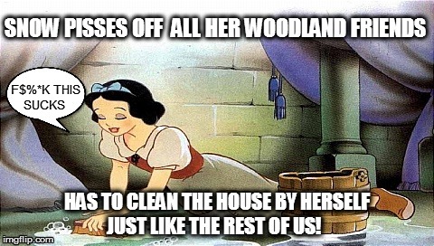 Just like us non-animated folks!  | F$%*K THIS SUCKS | image tagged in snow white,cleaning,funny | made w/ Imgflip meme maker