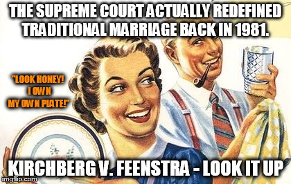 Thoroughly Modern Marriage | THE SUPREME COURT ACTUALLY REDEFINED TRADITIONAL MARRIAGE BACK IN 1981. KIRCHBERG V. FEENSTRA - LOOK IT UP "LOOK HONEY!  I OWN MY OWN PLATE! | image tagged in thoroughly modern marriage | made w/ Imgflip meme maker