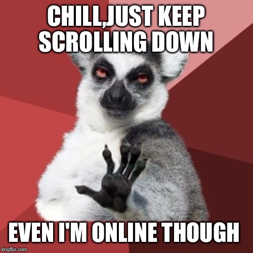Chill out  just keep scrolling down just checking my imgfilp  | CHILL,JUST KEEP SCROLLING DOWN EVEN I'M ONLINE THOUGH | image tagged in memes,chill out lemur,funny | made w/ Imgflip meme maker