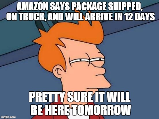 Typical Amazon delivery information bullship | AMAZON SAYS PACKAGE SHIPPED, ON TRUCK, AND WILL ARRIVE IN 12 DAYS PRETTY SURE IT WILL BE HERE TOMORROW | image tagged in memes,futurama fry,funny | made w/ Imgflip meme maker
