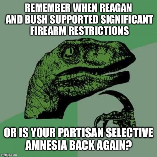 Philosoraptor Meme | REMEMBER WHEN REAGAN AND BUSH SUPPORTED SIGNIFICANT FIREARM RESTRICTIONS OR IS YOUR PARTISAN SELECTIVE AMNESIA BACK AGAIN? | image tagged in memes,philosoraptor | made w/ Imgflip meme maker