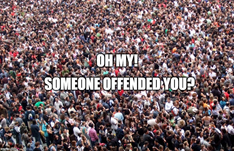 I'd be more surprised if no one offended you... | OH MY! SOMEONE OFFENDED YOU? | image tagged in crowd of people,memes,offended,words that offend liberals,learn to get along | made w/ Imgflip meme maker