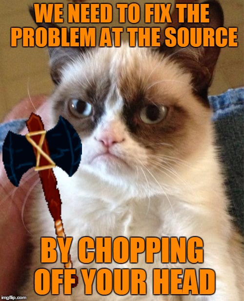 Keep quiet and hold still.  It will only take a minute, and you'll never even miss it. :) | WE NEED TO FIX THE PROBLEM AT THE SOURCE BY CHOPPING OFF YOUR HEAD | image tagged in memes,grumpy cat,axe,weight loss | made w/ Imgflip meme maker