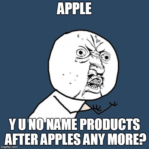 Y U No Meme | APPLE Y U NO NAME PRODUCTS AFTER APPLES ANY MORE? | image tagged in memes,y u no | made w/ Imgflip meme maker