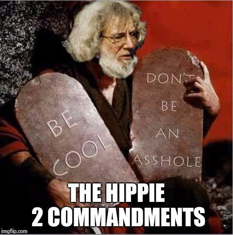 Jerry went to the mountain and came down with 2 tablets | THE HIPPIE 2 COMMANDMENTS | image tagged in jerry garcia,memes,funny | made w/ Imgflip meme maker