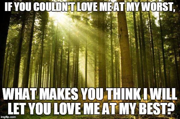 sunlit forest | IF YOU COULDN'T LOVE ME AT MY WORST, WHAT MAKES YOU THINK I WILL LET YOU LOVE ME AT MY BEST? | image tagged in sunlit forest | made w/ Imgflip meme maker