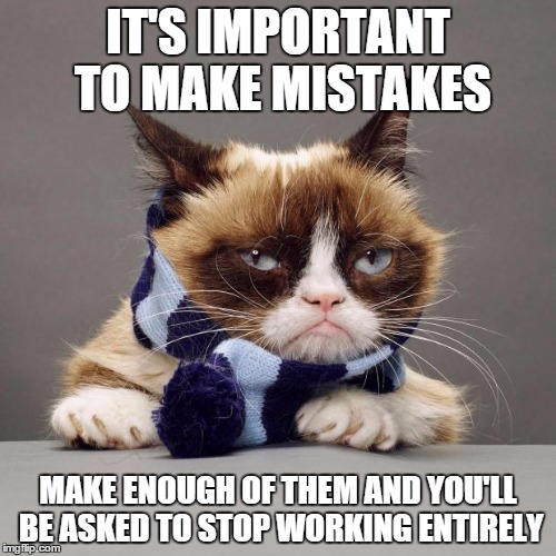 grumpy cat winter | IT'S IMPORTANT TO MAKE MISTAKES MAKE ENOUGH OF THEM AND YOU'LL BE ASKED TO STOP WORKING ENTIRELY | image tagged in grumpy cat winter | made w/ Imgflip meme maker
