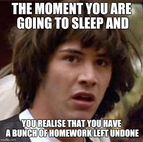 Conspiracy Keanu | THE MOMENT YOU ARE GOING TO SLEEP AND YOU REALISE THAT YOU HAVE A BUNCH OF HOMEWORK LEFT UNDONE | image tagged in memes,conspiracy keanu | made w/ Imgflip meme maker