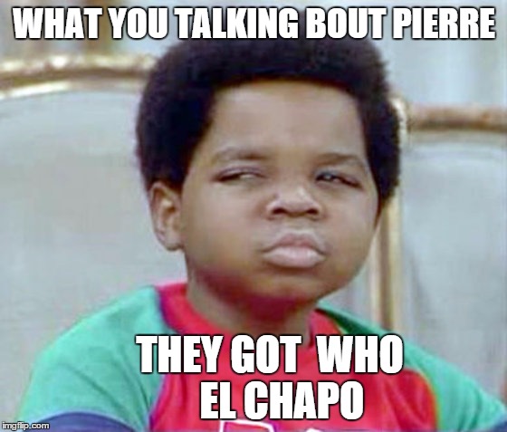 gary coleman whatcu | WHAT YOU TALKING BOUT PIERRE THEY GOT  WHO        EL CHAPO | image tagged in gary coleman whatcu | made w/ Imgflip meme maker
