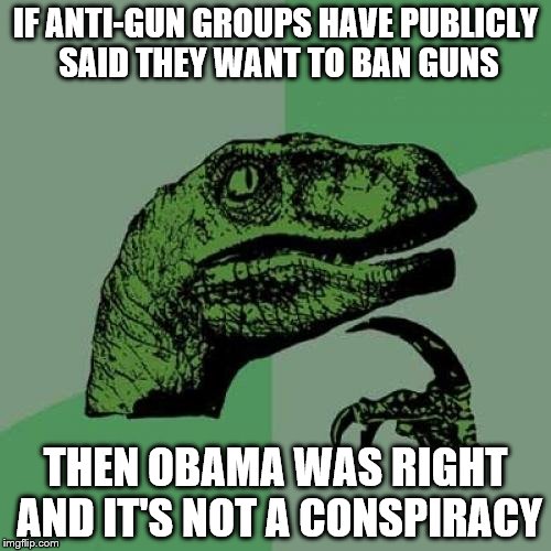 Philosoraptor Meme | IF ANTI-GUN GROUPS HAVE PUBLICLY SAID THEY WANT TO BAN GUNS THEN OBAMA WAS RIGHT AND IT'S NOT A CONSPIRACY | image tagged in memes,philosoraptor | made w/ Imgflip meme maker
