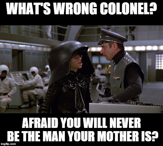 Spaceballs | WHAT'S WRONG COLONEL? AFRAID YOU WILL NEVER BE THE MAN YOUR MOTHER IS? | image tagged in spaceballs | made w/ Imgflip meme maker