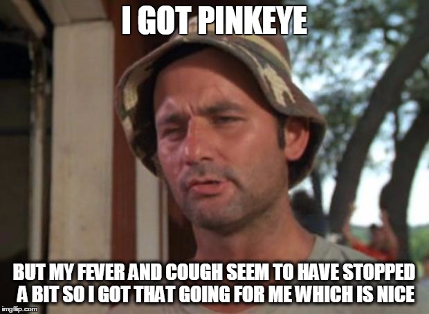 So I Got That Goin For Me Which Is Nice | I GOT PINKEYE BUT MY FEVER AND COUGH SEEM TO HAVE STOPPED A BIT SO I GOT THAT GOING FOR ME WHICH IS NICE | image tagged in memes,so i got that goin for me which is nice | made w/ Imgflip meme maker