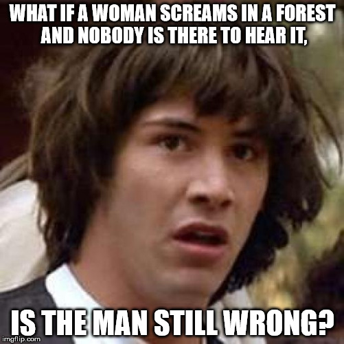 Conspiracy Keanu Meme | WHAT IF A WOMAN SCREAMS IN A FOREST AND NOBODY IS THERE TO HEAR IT, IS THE MAN STILL WRONG? | image tagged in memes,conspiracy keanu | made w/ Imgflip meme maker