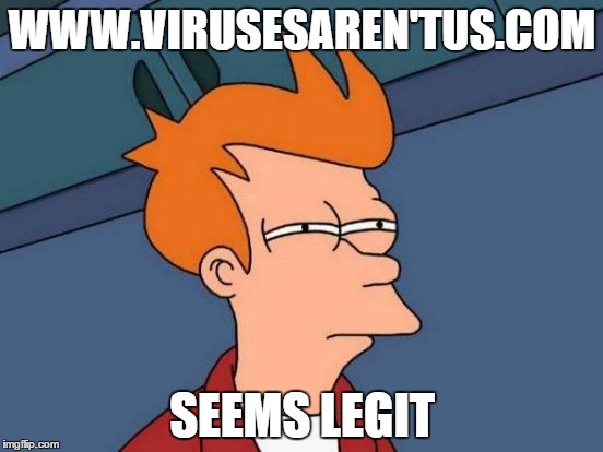 Futurama Fry | WWW.VIRUSESAREN'TUS.COM SEEMS LEGIT | image tagged in memes,futurama fry | made w/ Imgflip meme maker