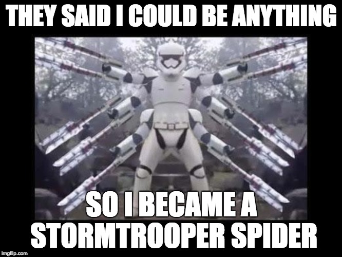 Stormspider | THEY SAID I COULD BE ANYTHING SO I BECAME A STORMTROOPER SPIDER | image tagged in star wars,stormtrooper,they said i could be anything,spiders | made w/ Imgflip meme maker
