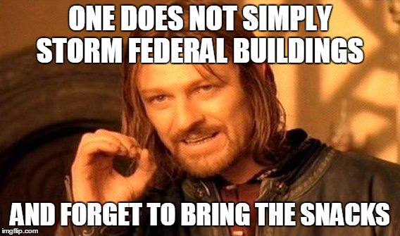 One Does Not Simply Meme | ONE DOES NOT SIMPLY STORM FEDERAL BUILDINGS AND FORGET TO BRING THE SNACKS | image tagged in memes,one does not simply,snacks,oregon standoff | made w/ Imgflip meme maker