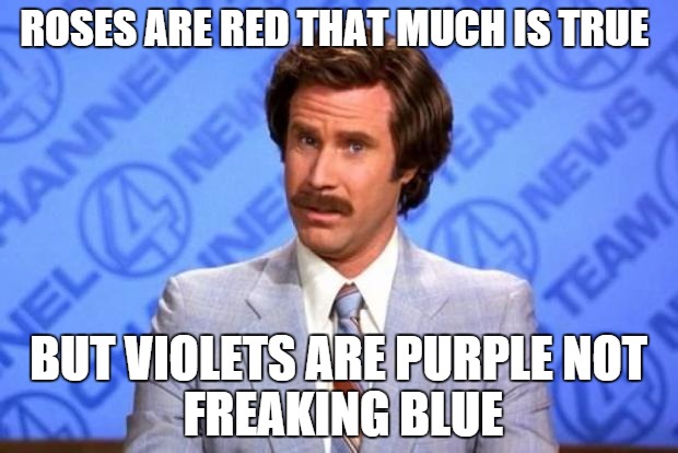 i'm ron burgundy? | ROSES ARE RED
THAT MUCH IS TRUE BUT VIOLETS ARE PURPLE
NOT FREAKING BLUE | image tagged in i'm ron burgundy | made w/ Imgflip meme maker