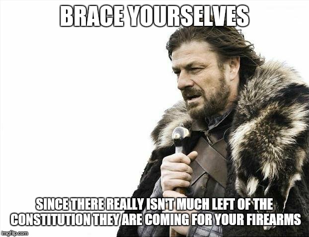 Brace Yourselves X is Coming | BRACE YOURSELVES SINCE THERE REALLY ISN'T MUCH LEFT OF THE CONSTITUTION THEY ARE COMING FOR YOUR FIREARMS | image tagged in memes,brace yourselves x is coming | made w/ Imgflip meme maker