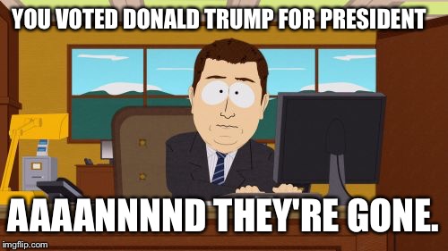 Aaaaand Its Gone Meme | YOU VOTED DONALD TRUMP FOR PRESIDENT AAAANNNND THEY'RE GONE. | image tagged in memes,aaaaand its gone | made w/ Imgflip meme maker