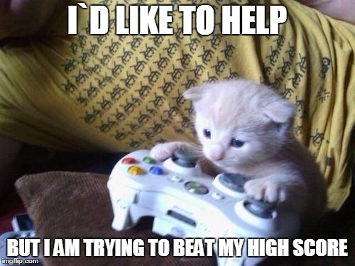 cat on xbox | I`D LIKE TO HELP BUT I AM TRYING TO BEAT MY HIGH SCORE | image tagged in cat on xbox | made w/ Imgflip meme maker