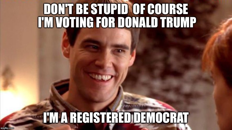 Smart and Smarter | DON'T BE STUPID  OF COURSE I'M VOTING FOR DONALD TRUMP I'M A REGISTERED DEMOCRAT | image tagged in dumb and dumber,funny memes,democrats,donald trump,election 2016,vote | made w/ Imgflip meme maker
