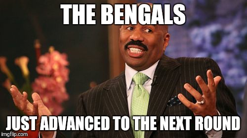 THE BENGALS JUST ADVANCED TO THE NEXT ROUND | image tagged in memes,steve harvey | made w/ Imgflip meme maker