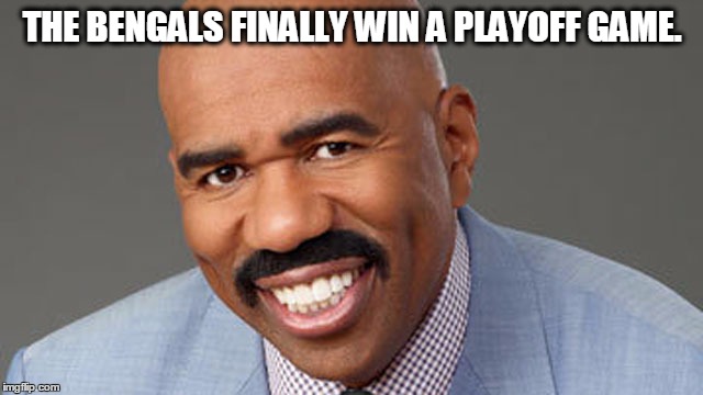 bengals win...wait | THE BENGALS FINALLY WIN A PLAYOFF GAME. | image tagged in steve harvey | made w/ Imgflip meme maker