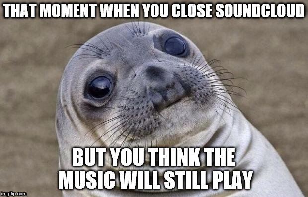 Awkward Moment Sealion | THAT MOMENT WHEN YOU CLOSE SOUNDCLOUD BUT YOU THINK THE MUSIC WILL STILL PLAY | image tagged in memes,awkward moment sealion | made w/ Imgflip meme maker