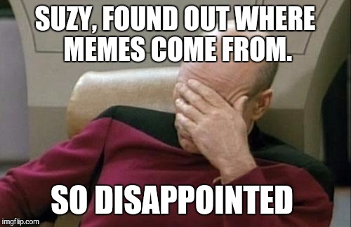 Captain Picard Facepalm Meme | SUZY, FOUND OUT WHERE MEMES COME FROM. SO DISAPPOINTED | image tagged in memes,captain picard facepalm | made w/ Imgflip meme maker