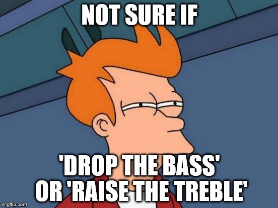 Dubstep up a clef. | NOT SURE IF 'DROP THE BASS' OR 'RAISE THE TREBLE' | image tagged in memes,futurama fry | made w/ Imgflip meme maker