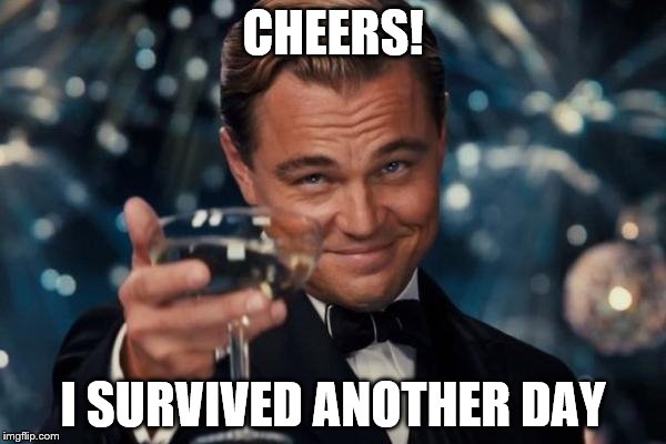 Leonardo Dicaprio Cheers Meme | CHEERS! I SURVIVED ANOTHER DAY | image tagged in memes,leonardo dicaprio cheers | made w/ Imgflip meme maker