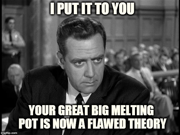 Perry mason stare | I PUT IT TO YOU YOUR GREAT BIG MELTING POT IS NOW A FLAWED THEORY | image tagged in perry mason stare | made w/ Imgflip meme maker