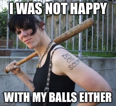 Die cis scum | I WAS NOT HAPPY WITH MY BALLS EITHER | image tagged in die cis scum,transgender,punk | made w/ Imgflip meme maker