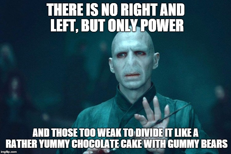 Voldemort | THERE IS NO RIGHT AND LEFT, BUT ONLY POWER AND THOSE TOO WEAK TO DIVIDE IT LIKE A RATHER YUMMY CHOCOLATE CAKE WITH GUMMY BEARS | image tagged in voldemort | made w/ Imgflip meme maker