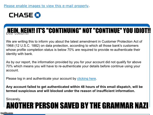 Another scam emsil foiled by bad grammer!! | NEIN, NEIN!! IT'S "CONTINUING" NOT "CONTINUE" YOU IDIOT!! ANOTHER PERSON SAVED BY THE GRAMMAR NAZI | image tagged in grammar nazi | made w/ Imgflip meme maker